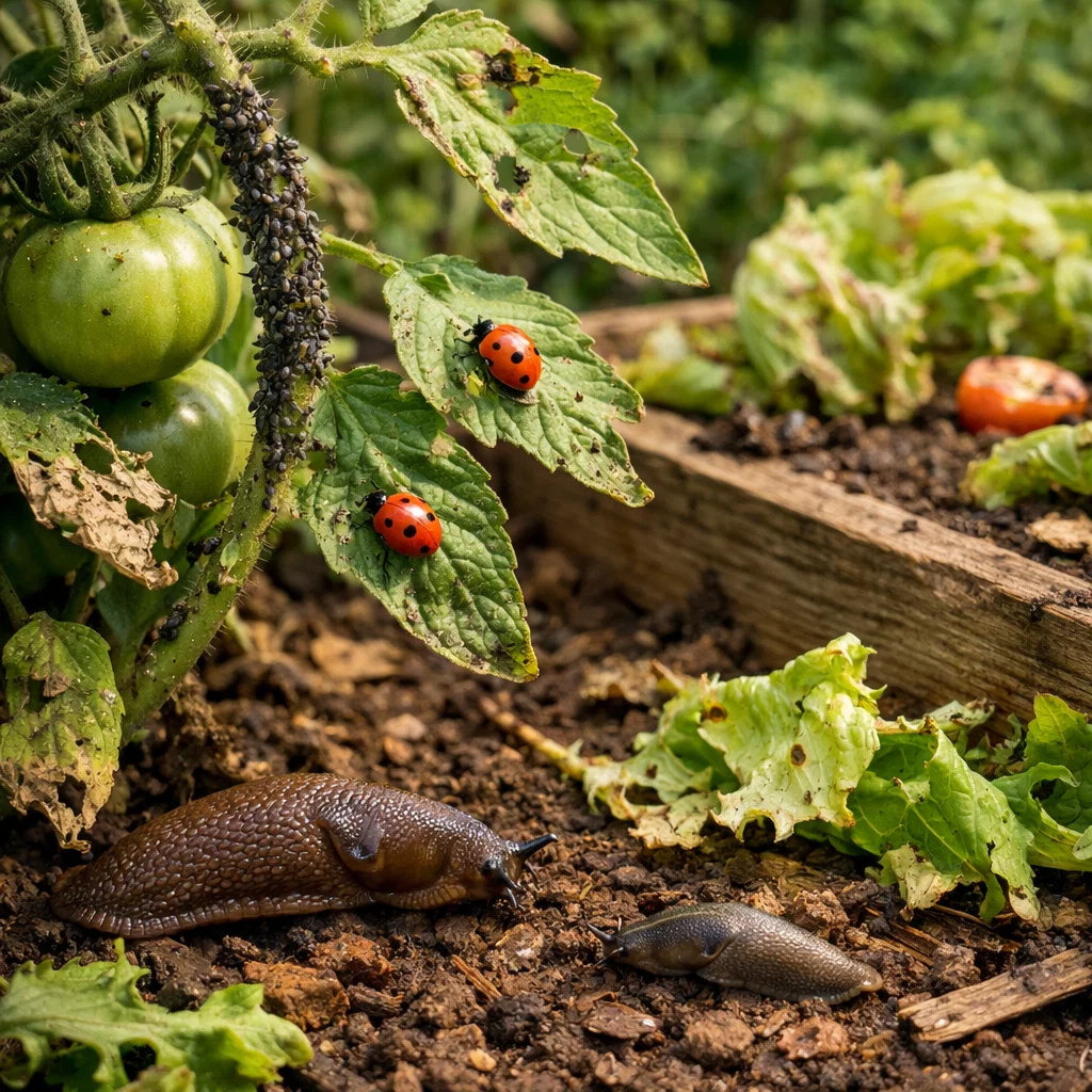 A balanced garden with pests and beneficial insects, showing natural pest control methods in action