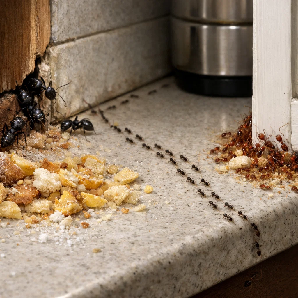 Ant infestation in a kitchen that requires professional pest control intervention
