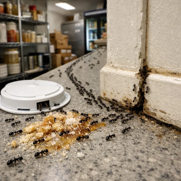 Ant trails and bait placement inside kitchens where infestations often begin