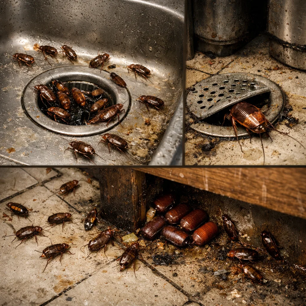 Cockroach infestation in kitchens and drains that requires professional pest control cockroach treatment