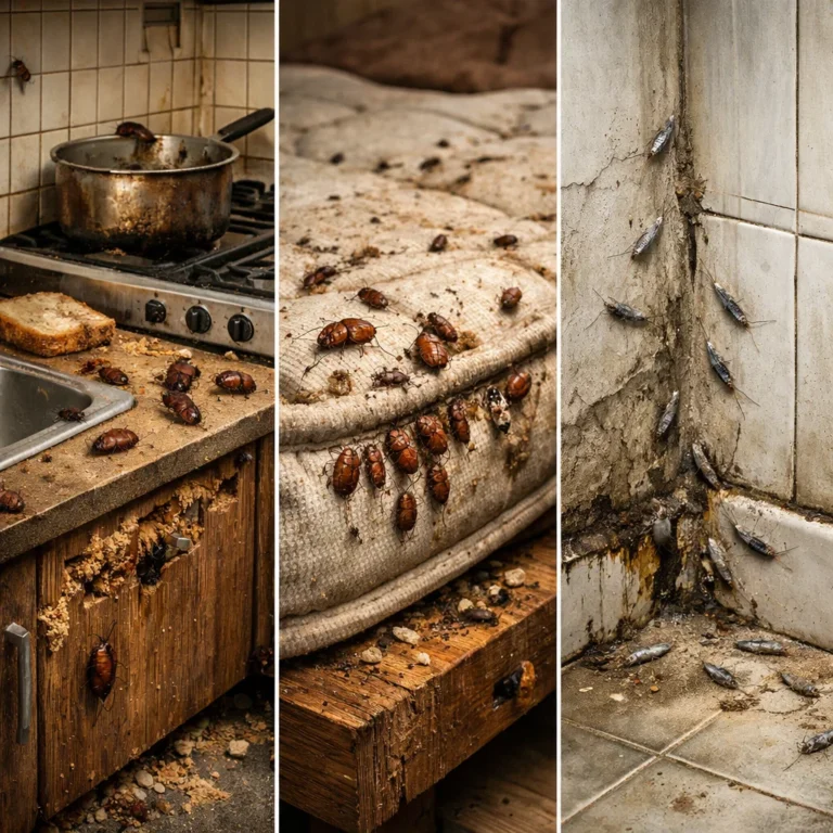 Common pests in Dubai, including cockroaches, bed bugs, termites, and the damage they cause, requiring professional pest control treatment