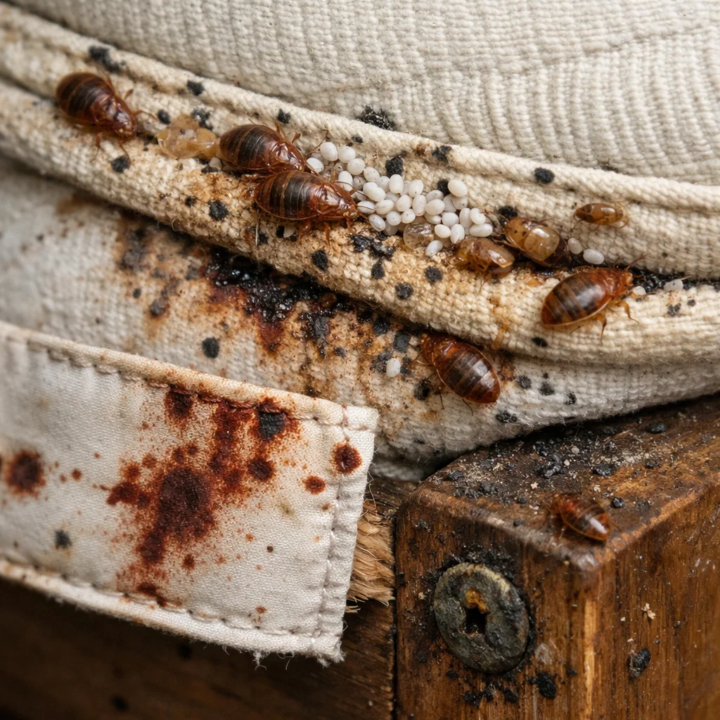 Early signs of bed bug infestation commonly found in bedrooms and accommodation units
