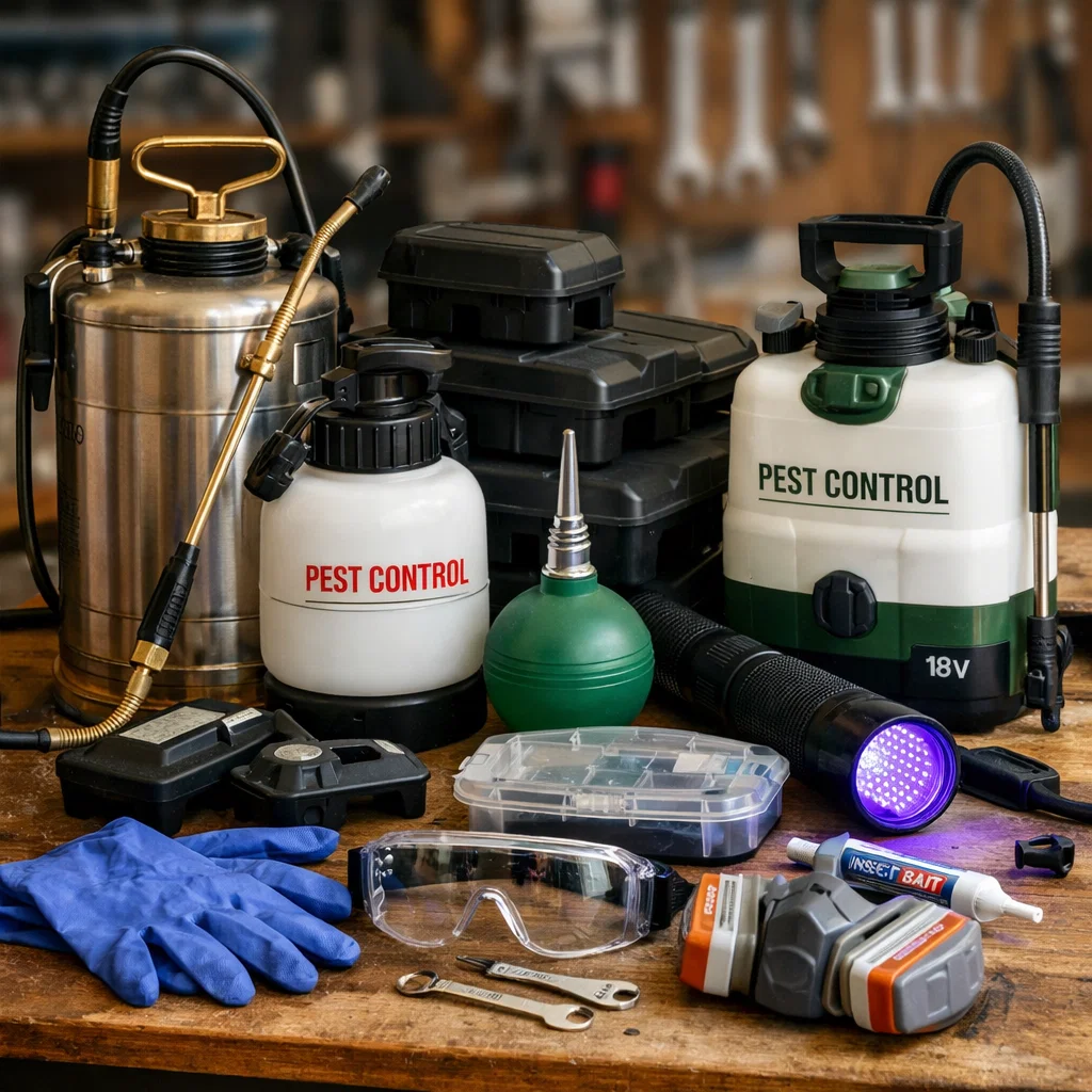 Essential pest control equipment including sprayers, bait stations, and protective gear for both DIY and professional use