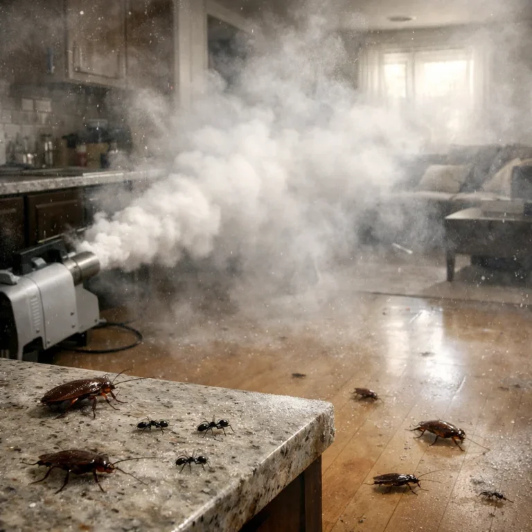 Pest control fogging process targeting hidden pests like cockroaches and ants in hard-to-reach areas