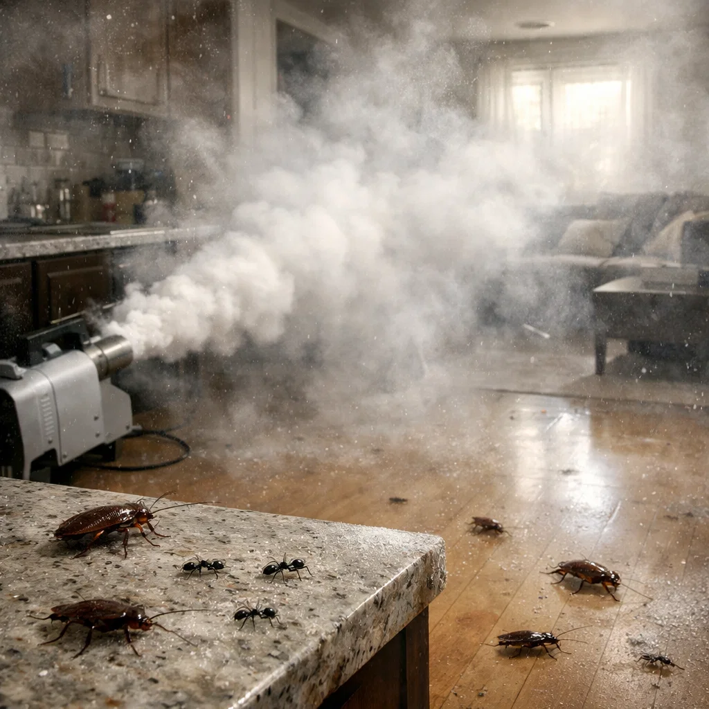 Pest control fogging process targeting hidden pests like cockroaches and ants in hard-to-reach areas