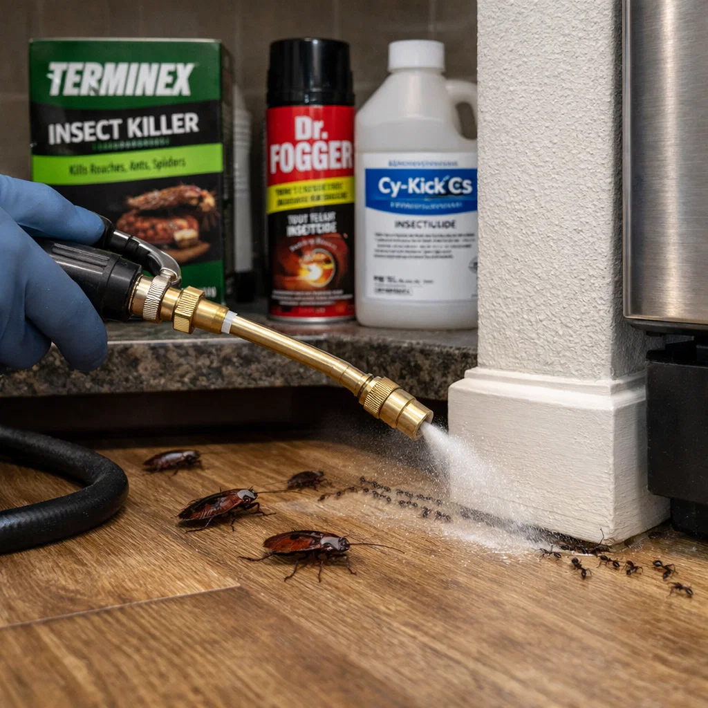 Professional pest control chemical application for targeted treatment of cockroaches and ants