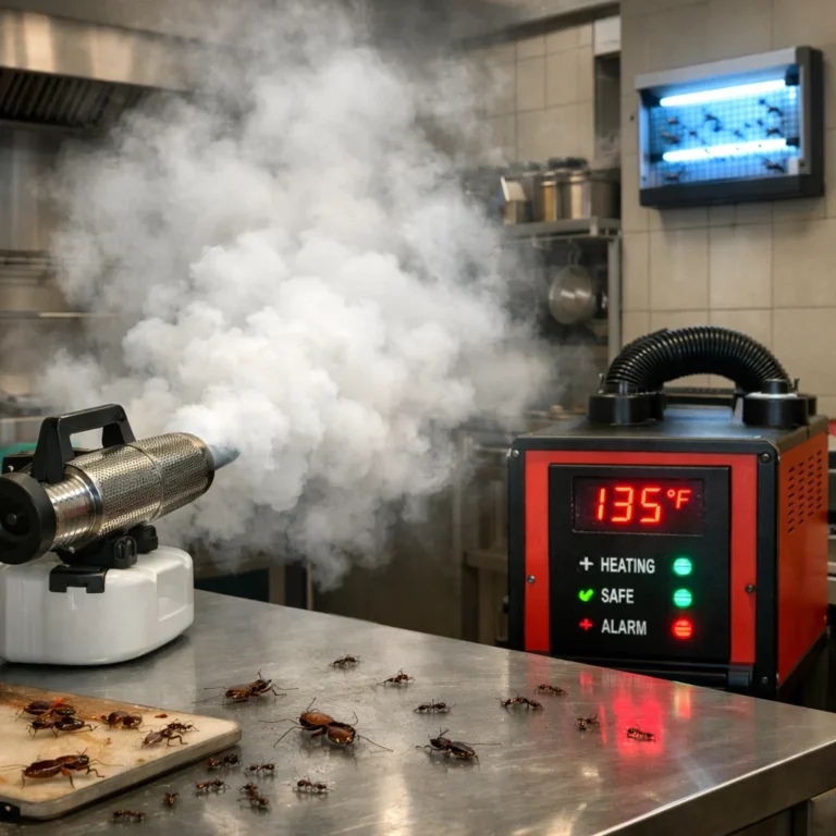 Professional pest control machines at work—thermal foggers, light traps, and heat treatment units tackling insect infestations.