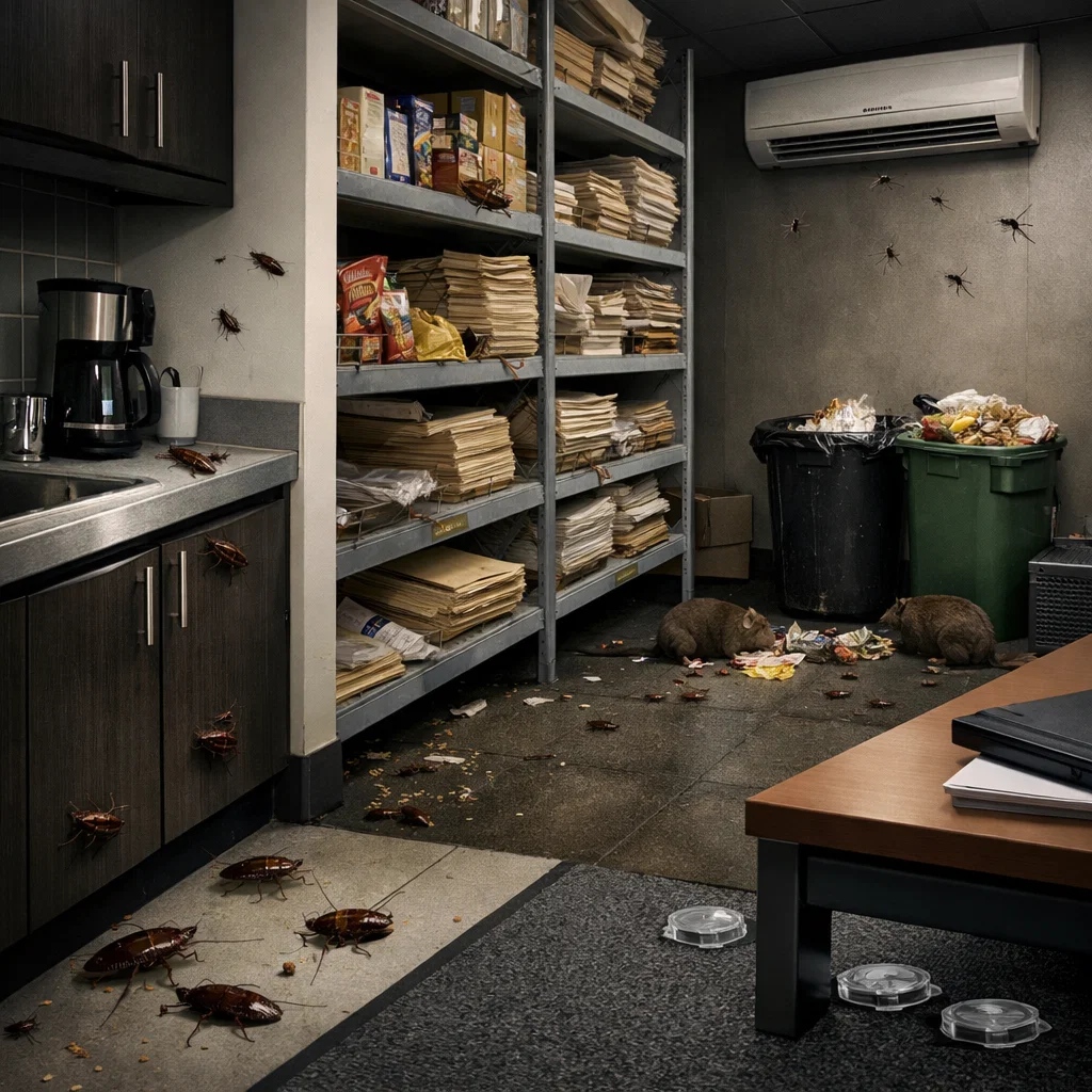 Realistic office pest infestation requiring discreet professional treatment to ensure employee comfort and safety