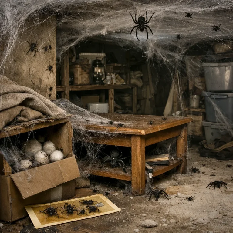 Realistic spider infestation showing webs, spiders, and possible hiding spots for effective pest control.