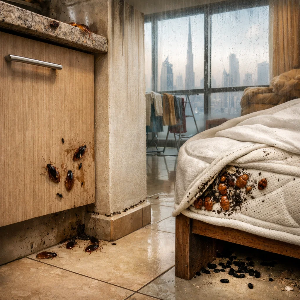 Typical debug pest control treatment in a Dubai apartment, dealing with cockroaches, bed bugs, and rodents in discreet, effective ways.