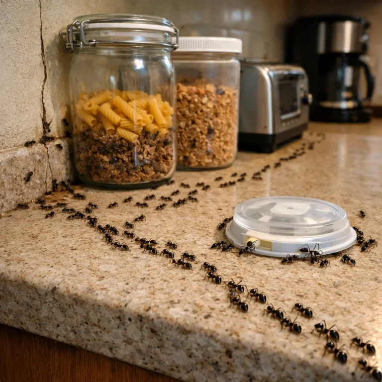 Visible signs of ants following pheromone trails inside a kitchen, with bait stations placed for control
