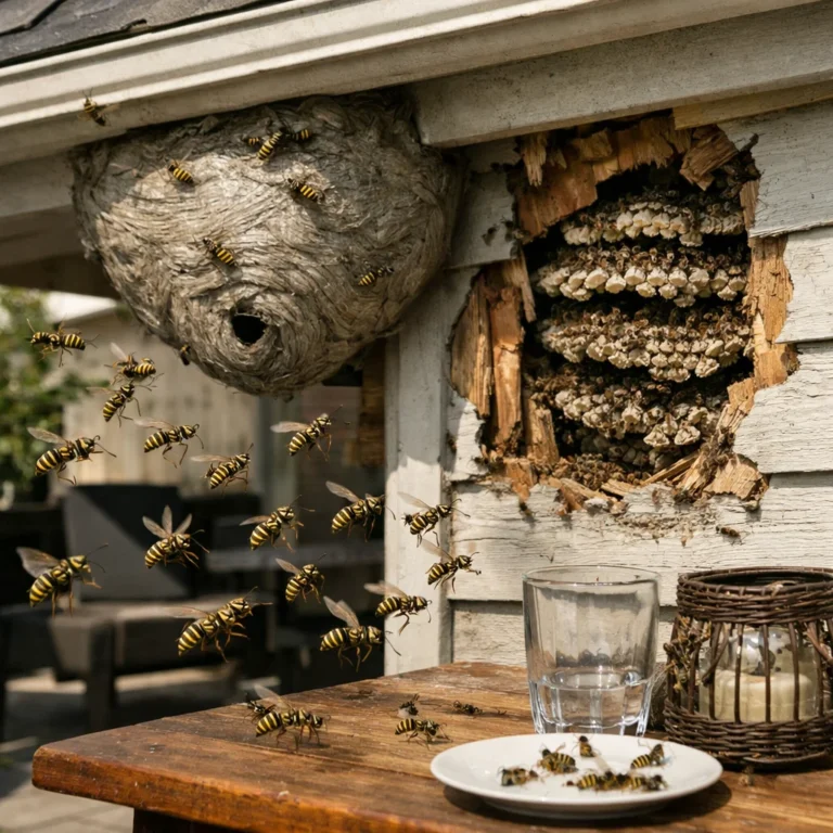 Active wasp nest near a building requiring careful and professional pest control