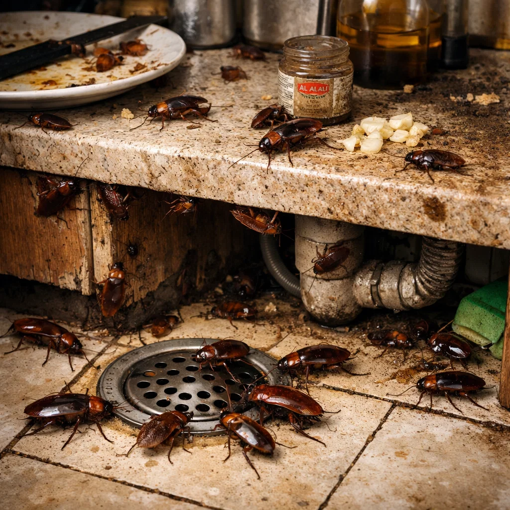 Common cockroach infestation in a residential kitchen requiring professional pest control