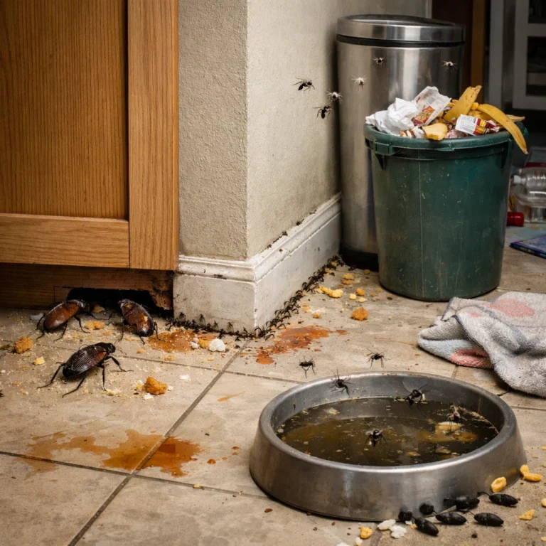 Common pest problems at home, such as cockroaches, ants, and rodents, causing discomfort and health risks.