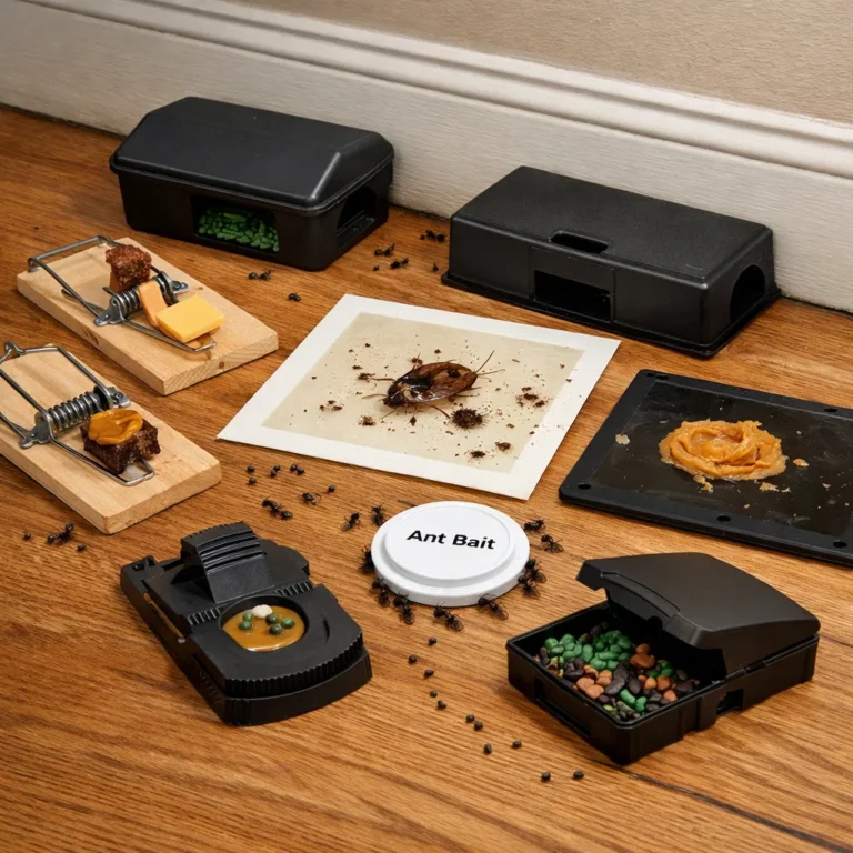 Different types of pest control traps including snap traps, glue boards, and bait stations, commonly used for managing infestations in homes and businesses.