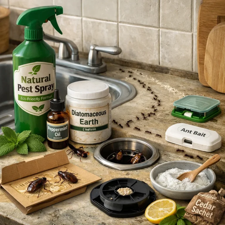 Effective pest control methods shown in action, using a mix of eco-friendly and targeted treatments for common household pests