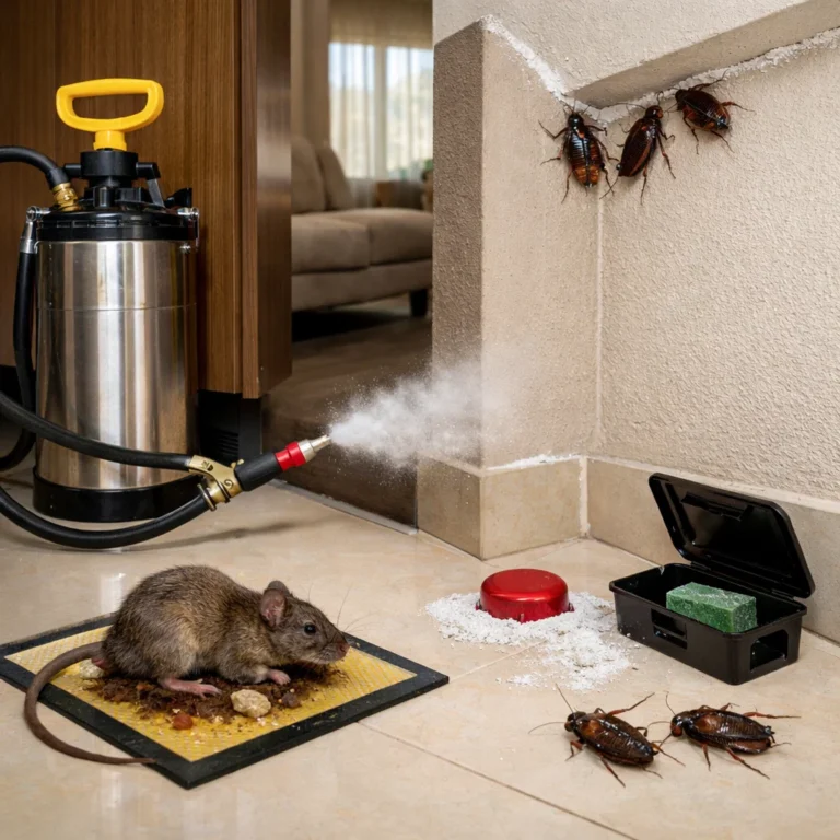 Pest control professionals working to resolve infestations effectively with clear signs of treatment being applied in Sharjah homes and offices