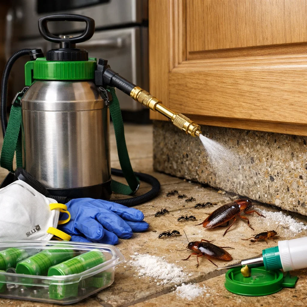 Professional pest control treatment using eco-friendly methods for cockroach and ant control in a residential kitchen