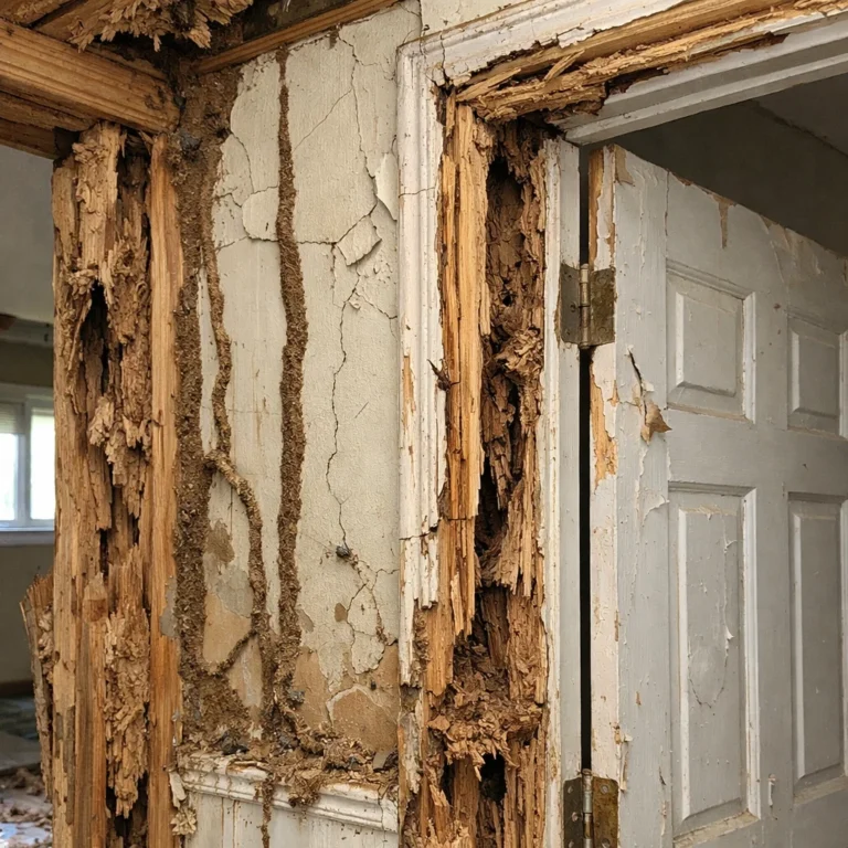 Visible termite damage that often leads homeowners to check termite treatment costs