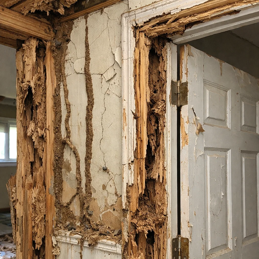 Visible termite damage that often leads homeowners to check termite treatment costs