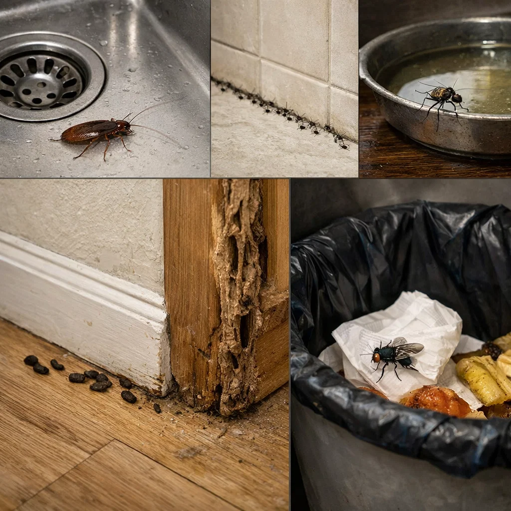 Visual examples of common pest signs and activity that pest services help identify and control